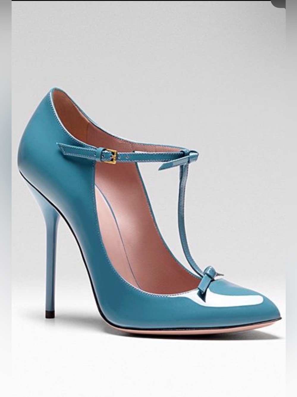 Gucci Teal T-Strap knot Patent Leather Pump Heels Sz.38.5